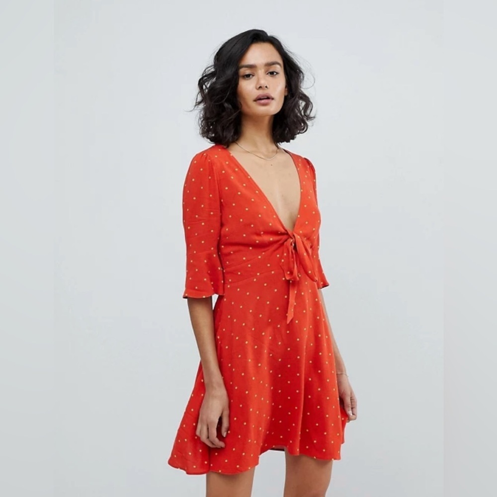 Free People All Yours Orange Polka Dot Tie V Neck Mini Dress Size 2